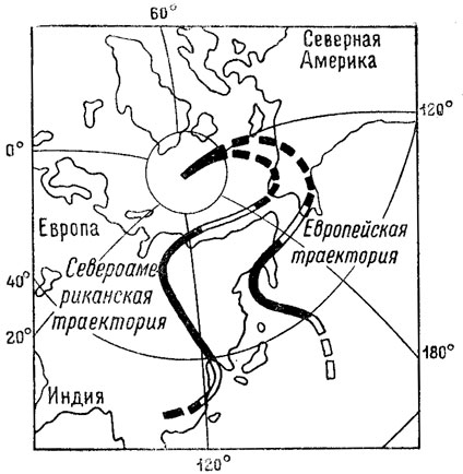 Рис. 53. Траектории движения северного полюса относительно Европы и Северной Америки за последние 400 млн. лет.