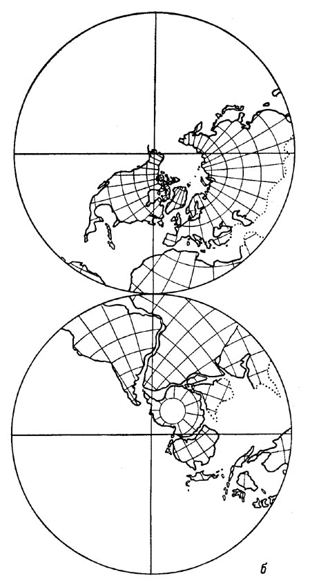Рис. 54, б. Глобальная палеомагнитная реконструкция фанерозойского движения континентов по А. Смиту, Дж. Брайдену и Г. Дрюри (1973 г.). Мел (100 ± 10 млн. лет).
