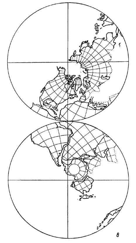 Рис. 54, в. Глобальная палеомагнитная реконструкция фанерозойского движения континентов по А. Смиту, Дж. Брайдену и Г. Дрюри (1973 г.). Юра (170 ± 15 млн. лет).