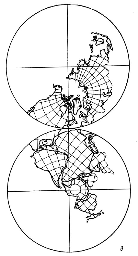 Рис. 54, д. Глобальная палеомагнитная реконструкция фанерозойского движения континентов по А. Смиту, Дж. Брайдену и Г. Дрюри (1973 г.).  Пермь (250 ± 25 млн. лет).