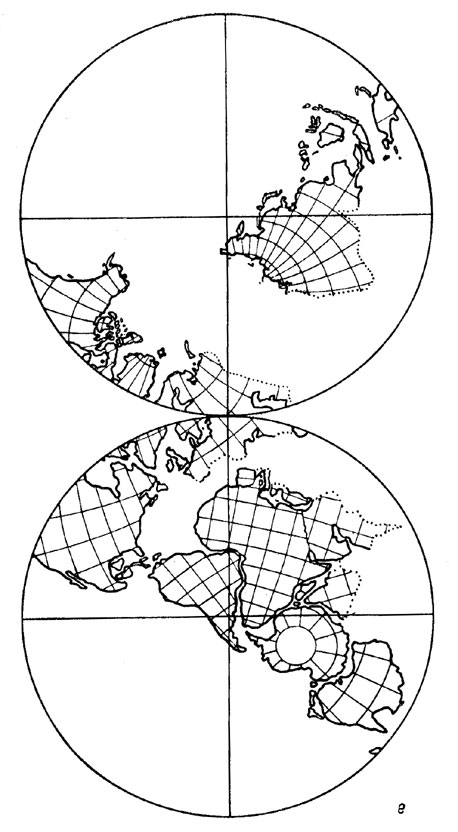 Рис. 54, е. Глобальная палеомагнитная реконструкция фанерозойского движения континентов по А. Смиту, Дж. Брайдену и Г. Дрюри (1973 г.).  Нижний карбон (340 ± 30 млн. лет).
