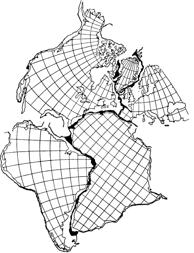Рис. 54, з. Глобальная палеомагнитная реконструкция фанерозойского движения континентов по А. Смиту, Дж. Брайдену и Г. Дрюри (1973 г.).  Кембрий-нижний ордовик (510 ± 40 млн. лет).