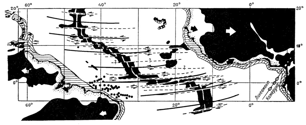 Рис. 58. Система трансформных разломов на искривлении срединно-океанического хребта в экваториальной Атлантике и их соответствие мгновенным параллелям с полюсом в точке 62 ° с.ш. и 36 ° з.д. по Б. Хизену и М. Тарпу.