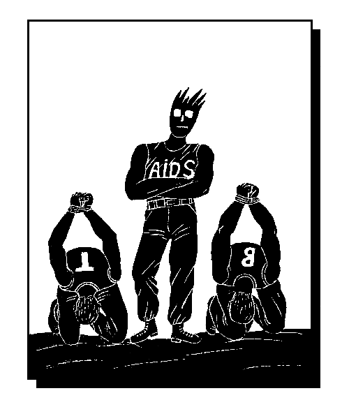 Два человека со связанными за спиной руками и человек в майке Aids