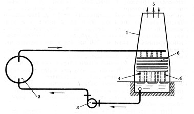 Рис. 20. Схема оборотного охлаждения воды в градирнях: 1 - градирня; 2 - конденсатор турбины; 3 - циркуляционный насос; 4 - вход холодного воздуха; 5 - выход нагретого воздуха; 6 - оросительное устройство