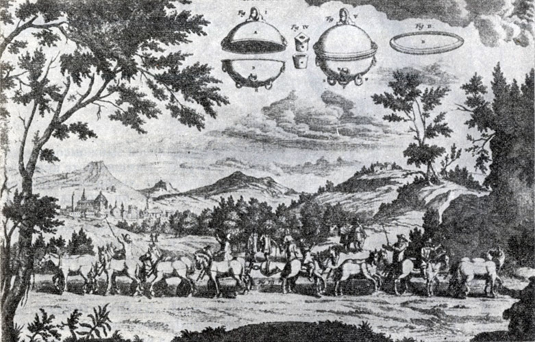 Опыт с 'магдебургскими полушариями'. (О. Guеriсke, Experimenta de vacuo spatio, 1672.)