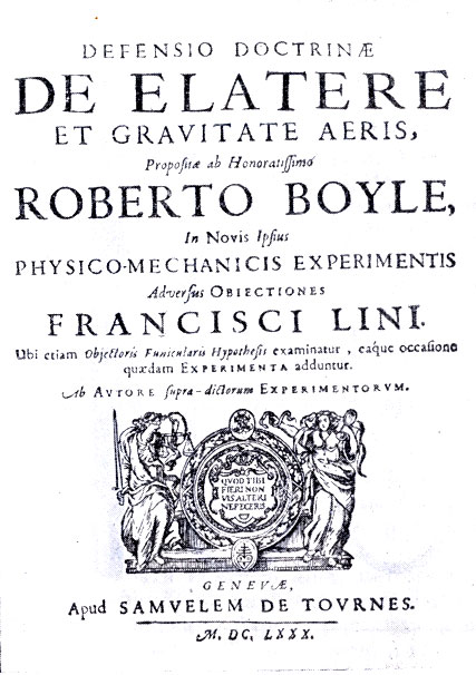 Титульный лист работы Бойля 'Об упругости и тяжести воздуха', 1680 г.