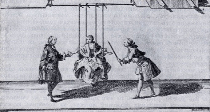 Опыт Грея. Гравюра, 1754 г. Мужчина, стоящий справа, приближает наэлектризованную стеклянную трубку к руке дамы, сидящей на качелях, подвешенных на шелковых веревках, а мужчина слева прикасаетсяк другой руке дамы и извлекает из нее искру