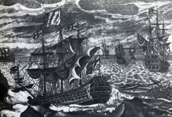 14. Кораблекрушение эскадры Клодисли Шовела в 1707 г. Гравюра неизвестного художника. (Национальный морской музей.)