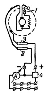 Фиг. 13. Электрическая схема установки. 1 - предохранитель; 2 и 3 - токоприемник; 4 - реле