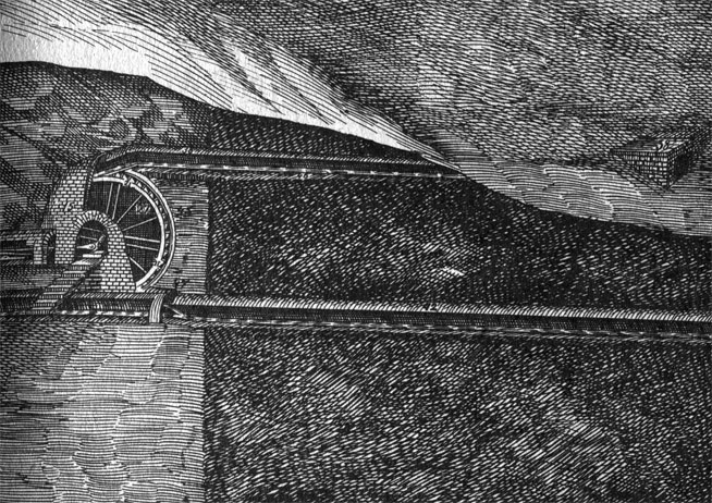 Чертеж нижней части Вознесенской шахты (Алтай) по проекту К. Д. Фролова (1783). Облицованная камнем подземная камера, в которой работало верхнебойное 'слоновое' колесо