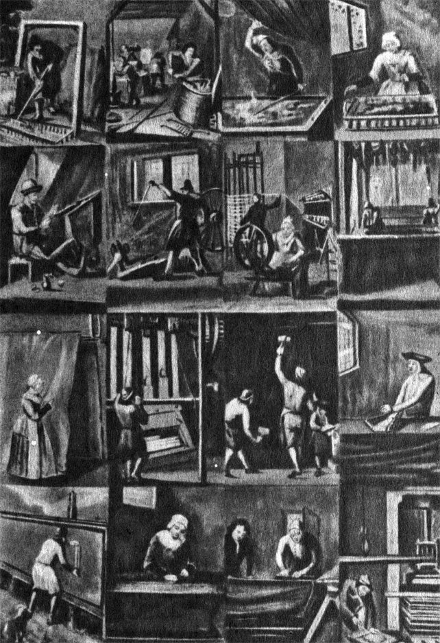 Различные операции по изготовлению шерстяных тканей. Рисунки XVI-XVII вв.