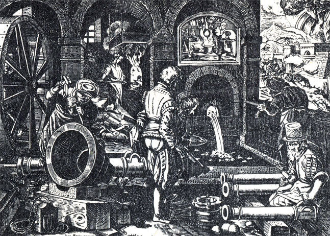 Мастерская XVI в. по отливке бронзовых орудий. Гравюра по рисунку И. Страдануса