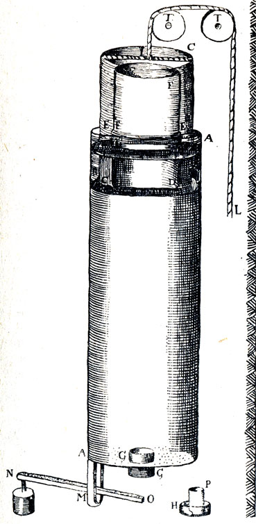 Проект порохового двигателя Гюйгенса. Вариант 1687 г. с изменениями, внесенными Папеном