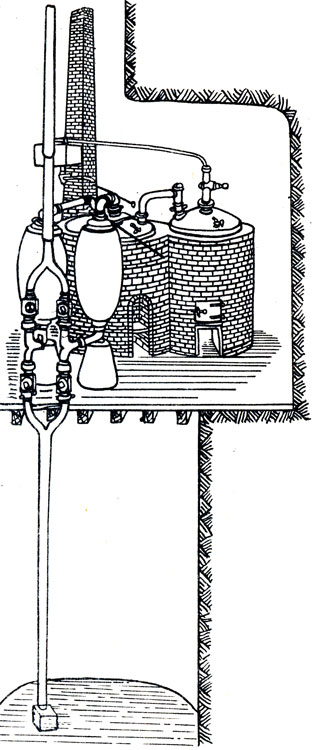 Схематичное изображение паровой машины Т. Севери для откачки воды в усовершенствованном виде (1702) с двумя камерами