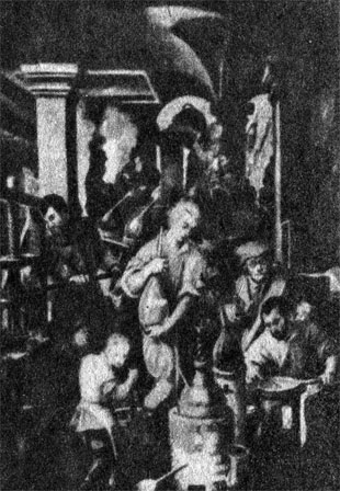 Лаборатория алхимика. Картина из дворца Медичи. Флоренция, ок. 1570 г.