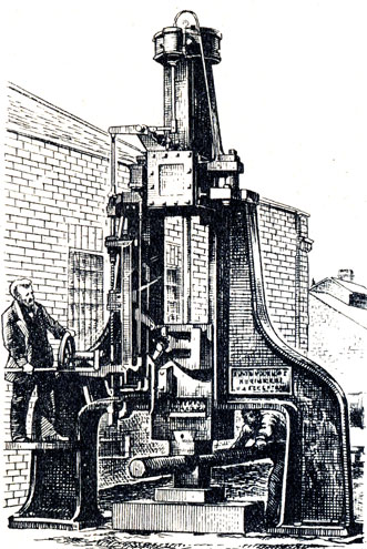 Паровой молот Нэсмита. Усовершенствованный вариант 1856 г. Слева - фигура изобретателя