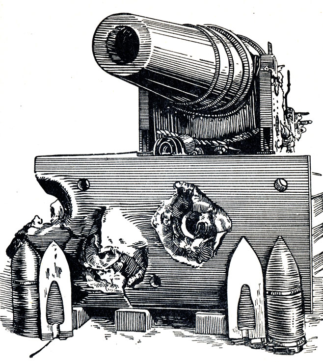 28-сантиметровая (11-дюймовая) стальная нарезная пушка русской береговой обороны. Внизу - снаряды этой пушки и пробитая такими снарядами броня. 1867