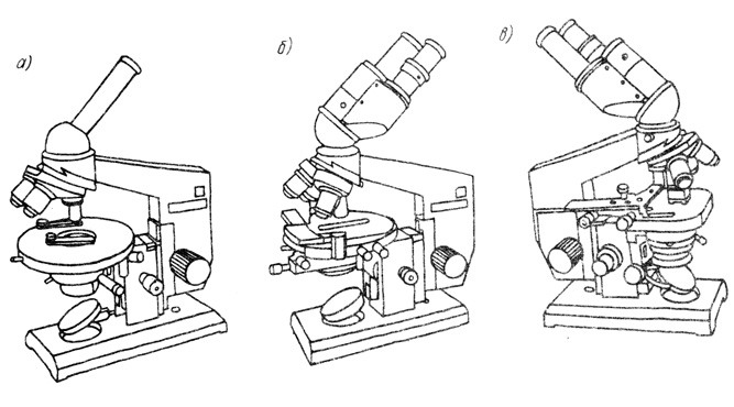 Рис. 3.13. Микроскопы серии 'Биолам': а - студенческий (тип С); б - рабочий (тип Р); в - дорожный (тип Д)